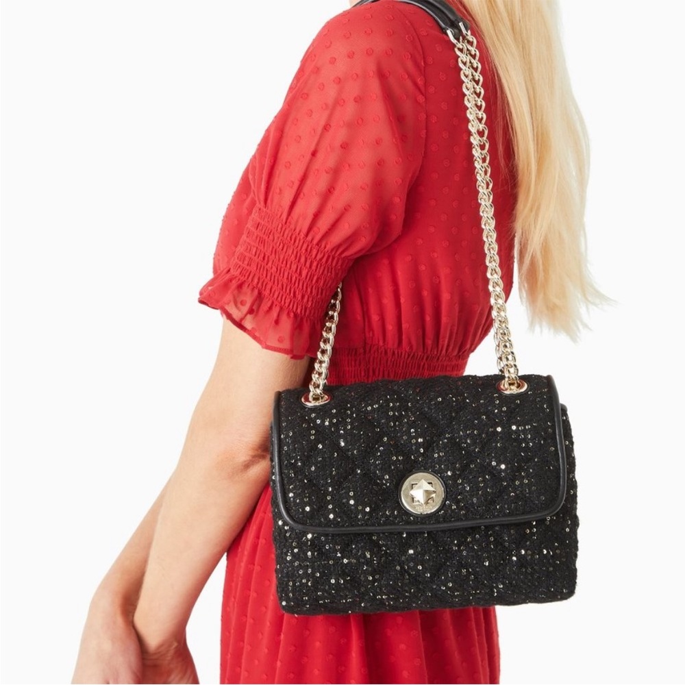KATE SPADE Black & Gold Quilted Sequin Flap Chain Crossbody Shoulder Bag Purse - Picture 5 of 15